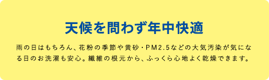 天候を問わず年中快適雨の日はもちろん、花粉の季節や黄砂・PM2.5などの大気汚染が気になる日のお洗濯も安心。繊維の根元から、ふっくら心地よく乾燥できます。